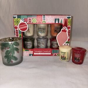 YANKEE CANDLE Votive GIFT SET & Glass Holiday Holder & Bonus Candles NEW